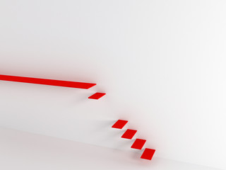 Red stairs on a white background. 3d render, abstract minimal illustration. Modern minimalist concept. Airy wall and steps.