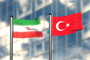 Fototapeta na wymiar 3d render of an flag of Iran and Turkey, in front of an blurry background, with a steel flagpole