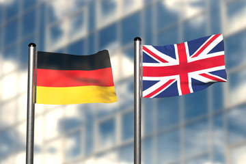 3d render of an flag of Germany and Great Britain, in front of an blurry background, with a steel flagpole