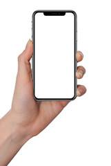 Woman hand holding the black smartphone with blank screen and modern frame less design - isolated on white background