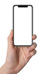 iphone mockup - Woman hand holding the black smartphone with blank screen and modern frame less design - isolated on white background