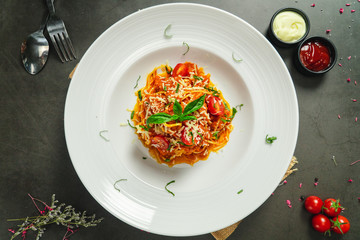 Food shot of spaghetti bolognese tomato sauce stir fried with beef