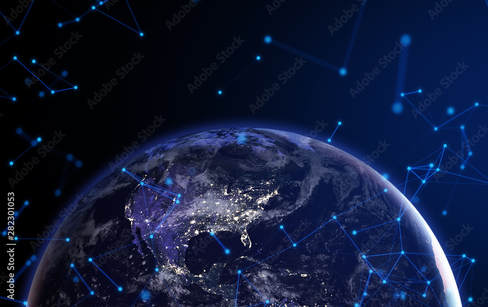 Poster internet of things, wifi signal, data deep learning, hologram robotic ai ui with technology global w