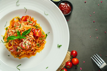 Food shot of spaghetti bolognese tomato sauce stir fried with beef