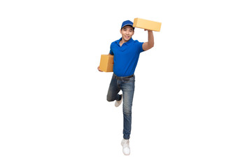 Energetic young Asian delivery man jumping and holding boxes isolated on white background, Deliveryman with parcel post box and fast shipping concept
