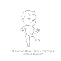 Little baby of 11 months.  Physical, emotional development milestones in first year.  Cute little baby boy or girl  in diaper standing. First steps.. Infographics  with text. Vector illustration.