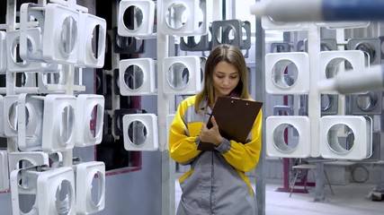 A young pretty white woman works in the paint shop of the plant, she checks the painted metall products and making a record in check list.
