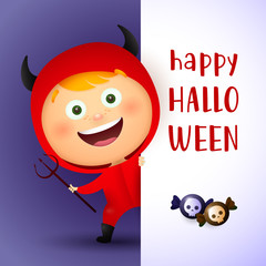 Happy Halloween lettering with happy kid in devil costume