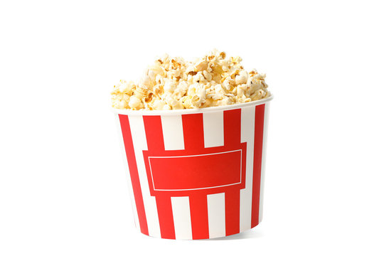Striped bucket with popcorn isolated on white background