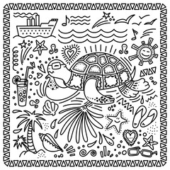 Hand drawn doodle style set, cute beach scene with big turtle, sea stars shells on the white background. Vector illustration for card design.