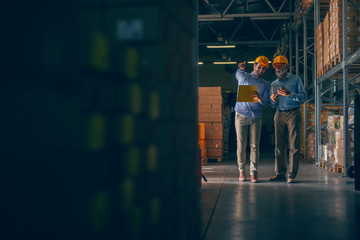 CEO going around warehouse with supervisor and talking analyzing sale statistics. Younger man holding folder with data and pointing at boxes while older one holding tablet. Both having yellow helmets.