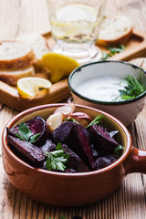 Yogurt dip with parsley, roasted beets, vegan plant based meal