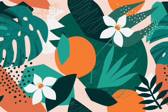 Collage contemporary floral seamless pattern. Modern exotic jungle fruits and plants illustration in vector. © Angelina Bambina
