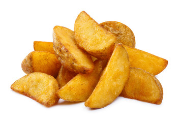 Delicious fried potato wedges, isolated on white background