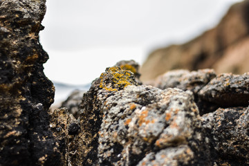 Piedras en una playa con un pueblo costero de fondo