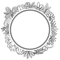 Round frame design template with houseplants, cactuses and succulents. Vector hand drawn outline sketch illustration