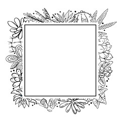 Rectangular frame with houseplants, cactuses and succulents. Vector hand drawn outline sketch illustration