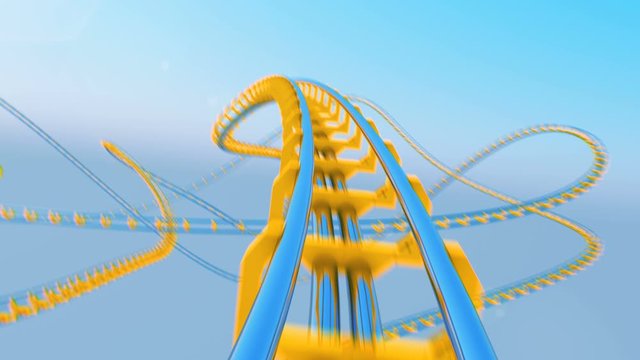 Beautiful Ride on Roller-Coaster Extremely Fast With Sky and Sun Shine Seamless. Looped 3d Animation of Abstract Roller Coaster Attraction Curvy Railway. Entertainment Concept. 4k Ultra HD 3840x2160.