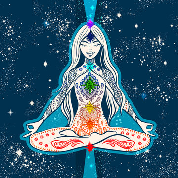 Vector Girl Seating In Meditation With Chakras. Design For Yoga Mat, Tshirt