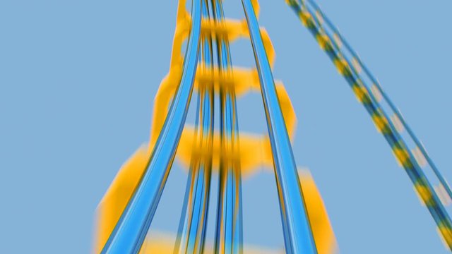 Extremely Fast Ride on Roller-Coaster With Sun Shining on Blue Sky Seamless. Looped 3d Animation of Abstract Roller Coaster Circle Attraction. Entertainment Concept. 4k Ultra HD 3840x2160.