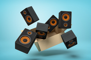 3d rendering of cardboard box in air full of black audio speakers which are flying out and floating outside on blue background.