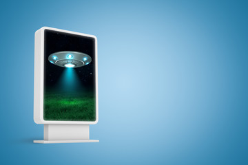 3d rendering of vertical billboard with silver metal UFO on dark night sky poster on blue background