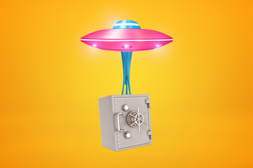 3d rendering of pink metal UFO carrying silver metal bank safe on yellow background