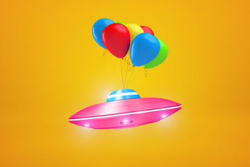3d rendering of pink metal UFO with colorful balloons on yellow background