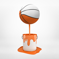 3d rendering of half-colored basketball that's been dipped in orange paint and is floating in air, paint dripping down, on light background.