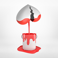 3d rendering of light-grey heart, broken in two, that has been dipped into can of red paint and is now floating in air above it on white background.