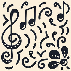 Doodle style, bright colored notes, violin key, flowers. Template design