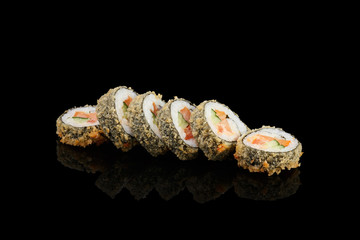 Fish rolls: California, Philadelphia, salmon, fried rolls, masago caviar, sesame seeds