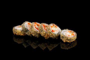Fish rolls: California, Philadelphia, salmon, fried rolls, masago caviar, sesame seeds