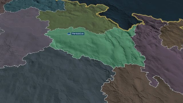 Pardubick&yacute; - region of Czech Republic with its capital zoomed on the administrative map of the globe. Animation 3D