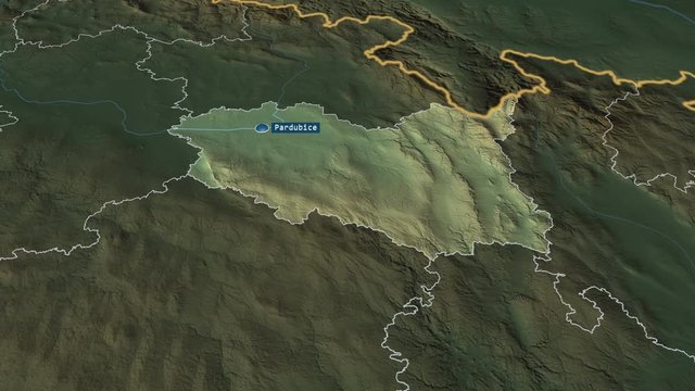Pardubick&yacute; - region of Czech Republic with its capital zoomed on the physical map of the globe. Animation 3D