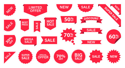 Sale Label collection set. Sale tags. Discount red ribbons, banners and icons. Shopping Tags. Sale icons. Red isolated on white background, vector illustration.