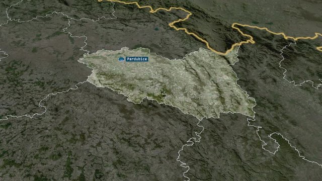 Pardubick&yacute; - region of Czech Republic with its capital zoomed on the satellite map of the globe. Animation 3D