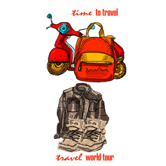 Travel the World background with items for travel. Travel and Tourism concept. Vector illustration