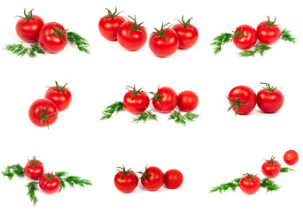 Red tomatoes on a white background. A group of tomatoes with herbs on a white background.