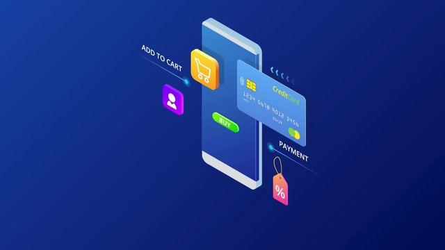 Isometric Online Shopping and payment, Sale, Consumerism, and Online Store. Mobile marketing and e-commerce. Internet payments, protection money transfer, online bank. HD Video.