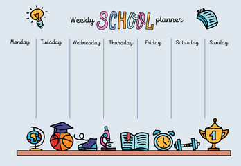 Weekly planner template. Organizer and schedule with place for Notes. Vector hand drawn line doolde illustration of school supplies. Cute and trendy planner for kids.