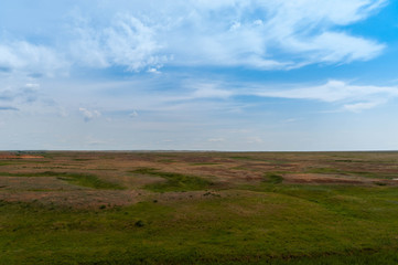 Obraz premium Tourist places of Russia. Beautiful landscapes of the world. Limestone pits against the bright sky and clouds