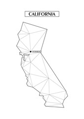 Polygonal abstract map state of California with connected triangular shapes formed from lines. Capital of state - Sacramento. Good poster for wall in your home. Decoration for room walls.