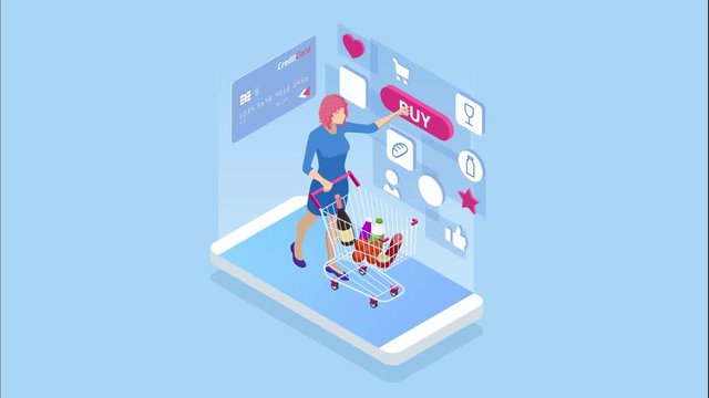 Isometric Online Shopping and payment, Sale, Consumerism, and Online Store. Mobile marketing and e-commerce. Internet payments, protection money transfer, online bank. HD Video.