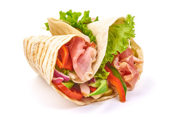 Tortilla wrap with jamon and vegetables, isolated on white background