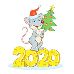 Funny gray rat - a symbol of the new year stands with a Christmas tree in his hands. Under rat a number 2020, carved from cheese. In cartoon style. Isolated on a white background.