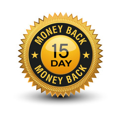 Naklejka premium Top quality golden 15 day money back guaranteed banner, sticker, tag, icon, stamp, label, sign isolated on white background.