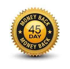 Top quality golden 45 day money back guaranteed banner, sticker, tag, icon, stamp, label, sign isolated on white background.