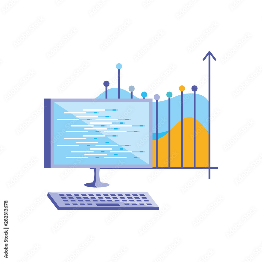Poster desktop computer with statistical graphics infographic