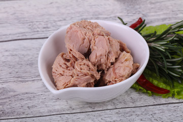 Tasty canned tuna fish in the bowl